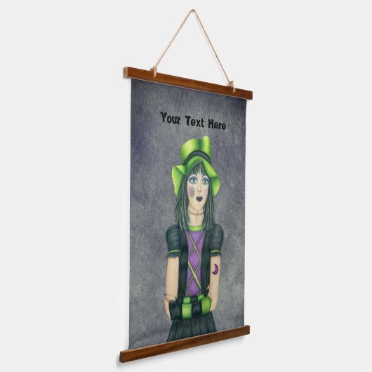 Gothic Girl Groen Pet Zwart Paarse Jurk Grijs Hangend Wandkleed (Gebogen)