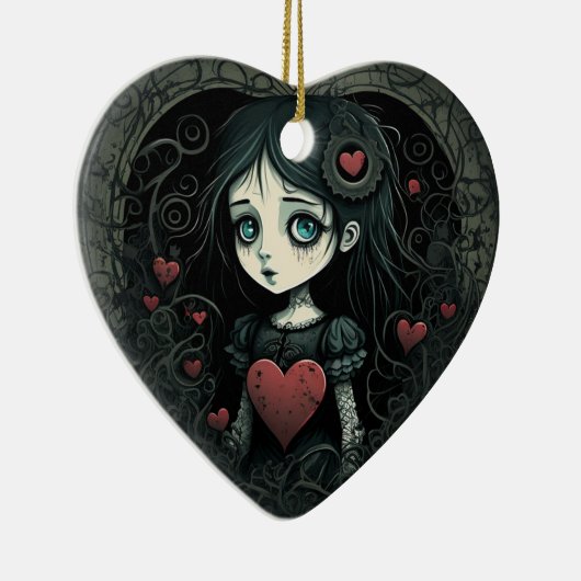 Gothic Girl Holiday Ornament Heart geïllustreerd (Rechts)