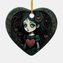 Gothic Girl Holiday Ornament Heart geïllustreerd