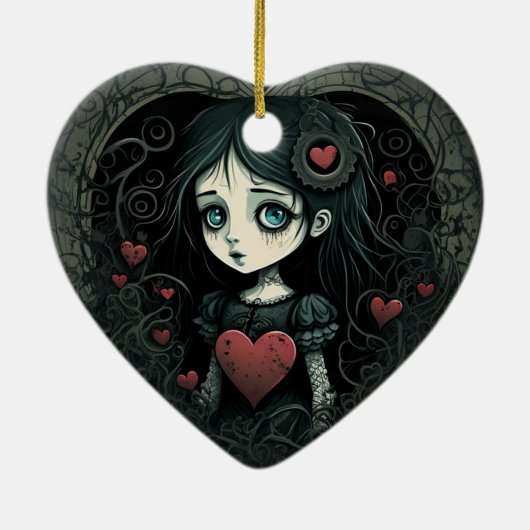 Gothic Girl Holiday Ornament Heart geïllustreerd (Achterkant)