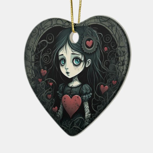 Gothic Girl Holiday Ornament Heart geïllustreerd (Links)