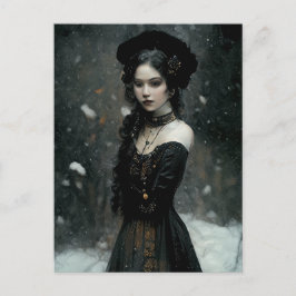 Gothic Girl in winter. Snowing. Briefkaart