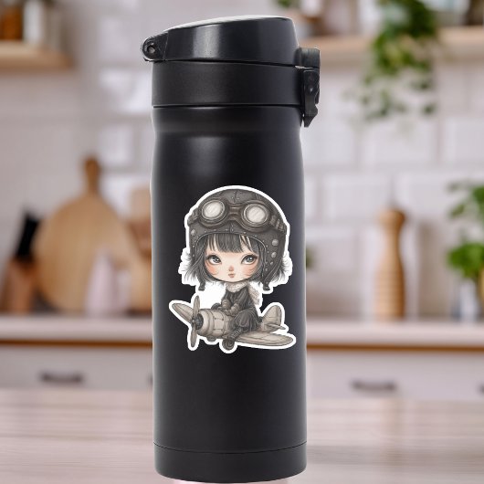 Gothic Girl Pilot flying Airplane Cute Anime Sticker