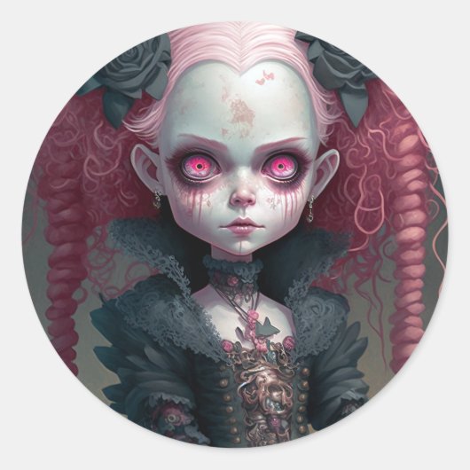 Gothic Girl Pink Black Creepy Cute Ronde Sticker (Voorkant)