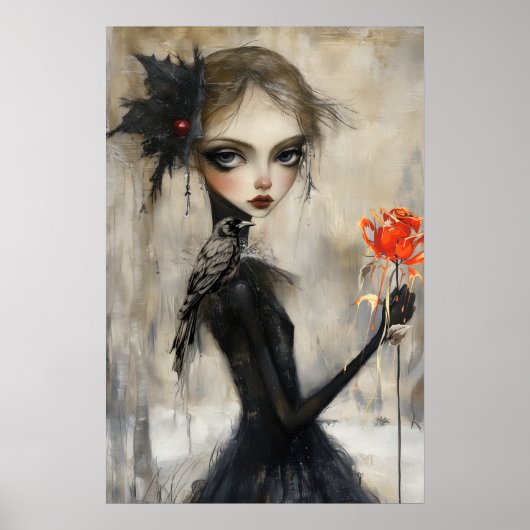 Gothic Girl Raven Red Rose Poster (Voorkant)