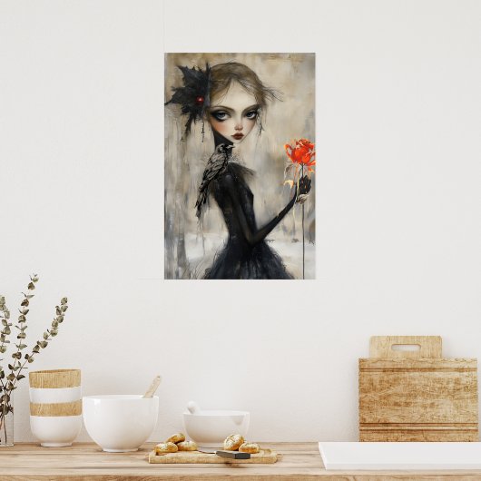 Gothic Girl Raven Red Rose Poster (Keuken)