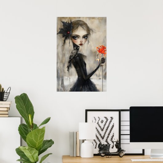 Gothic Girl Raven Red Rose Poster (Thuiskantoor)