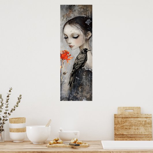 Gothic Girl Raven Red Rose Poster (Keuken)