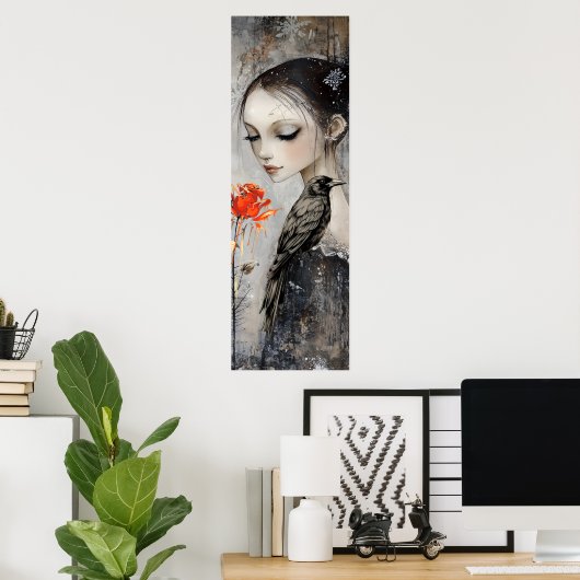 Gothic Girl Raven Red Rose Poster (Thuiskantoor)