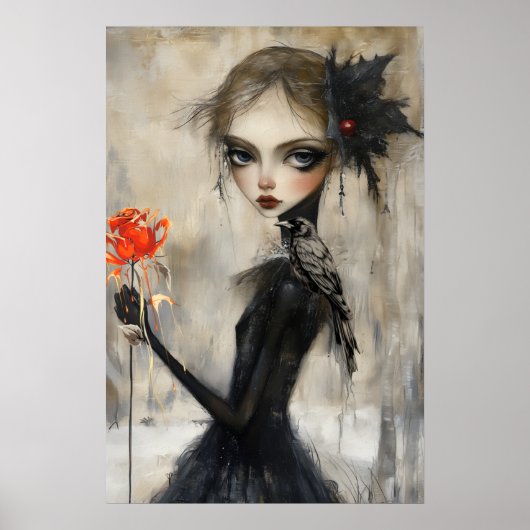 Gothic Girl Raven Red Rose Poster (Voorkant)