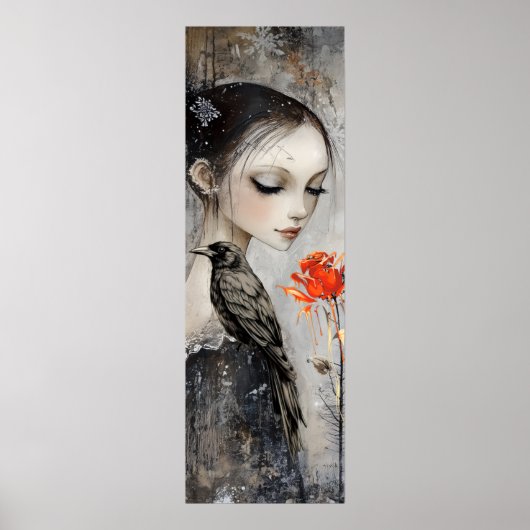 Gothic Girl Raven Red Rose Poster (Voorkant)