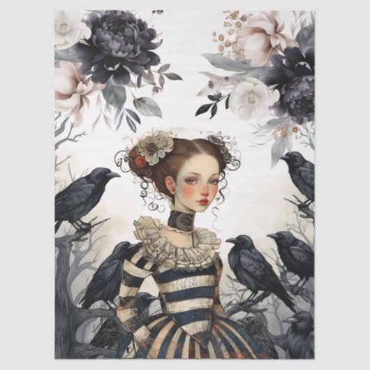 Gothic Girl Vintage Florals & Raven Decoupage Tissuepapier (Voorkant)