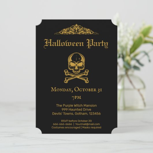 Gothic Glam Black & Gold  Skull Halloween I Kaart (Staand voorkant)