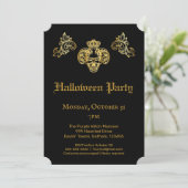  Gothic Glam Black & Gold Skull Halloween Party Kaart (Staand voorkant)