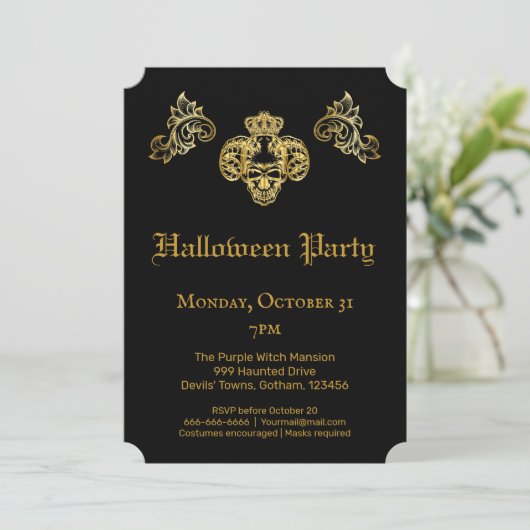  Gothic Glam Black & Gold Skull Halloween Party Kaart (Staand voorkant)