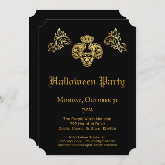  Gothic Glam Black & Gold Skull Halloween Party Kaart (Voorkant / Achterkant)