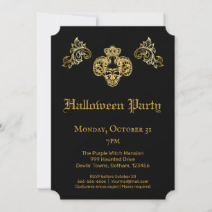 Gothic Glam Black & Gold Skull Halloween Party Kaart