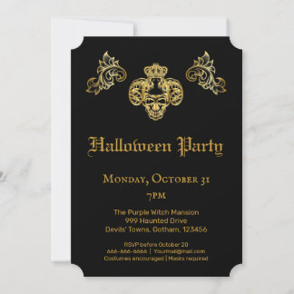 Gothic Glam Black & Gold Skull Halloween Party Kaart
