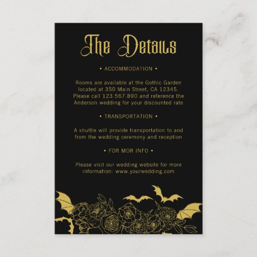 Gothic Glam Black Gold Wedding Details Informatiekaartje (Voorkant)
