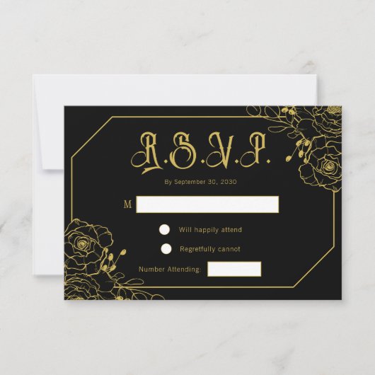 Gothic Glam Black Gold Wedding RSVP Enclosure Kaar (Voorkant)