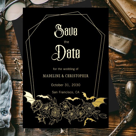 Gothic Glam Black Wedding Bewaar de datum Folie Uitnodiging