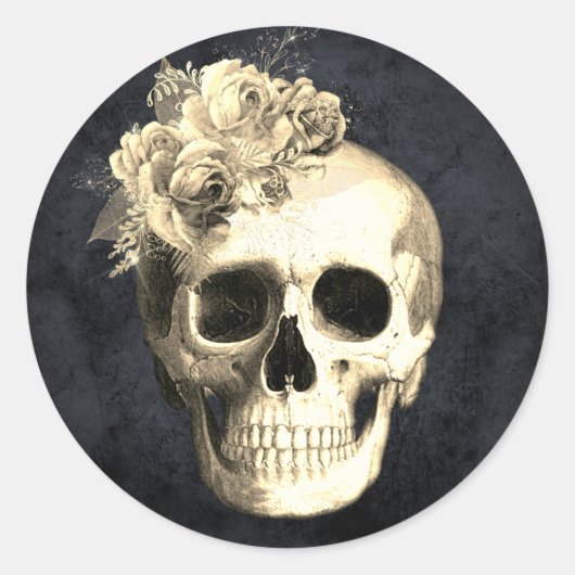 Gothic Glam Floral Skull Ronde Sticker (Voorkant)