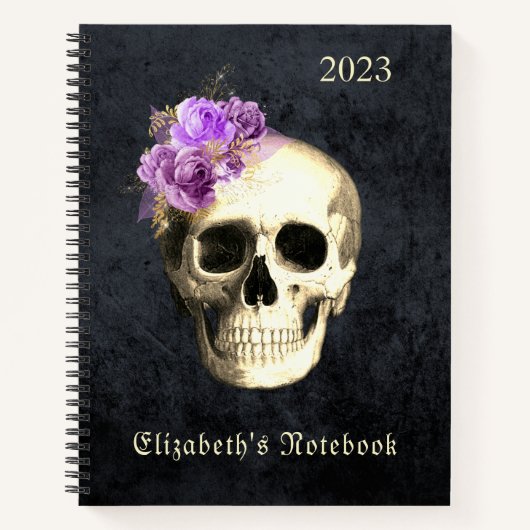 Gothic Glam Skull Paarse Rozen Gepersonaliseerd Notitieboek (Voorkant)