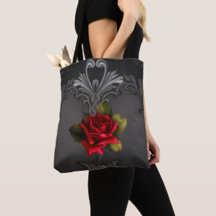 Gothic Glamor Red Rose Black Ornamental Glam Tote Bag
