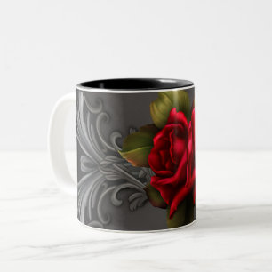 Gothic Glamor Red Rose Black Ornamental Glam Tweekleurige Koffiemok