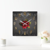 Gothic Glamor Red Rose Black Ornamental Glam Vierkante Klok (Huis)