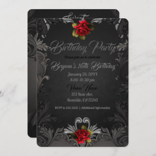 Gothic Glamor Red Rose Ornamental Birthday Party Kaart