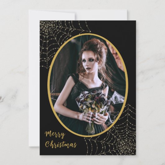 Gothic Glitter Spider Web Merry Kerstry 1 Foto Feestdagenkaart (Voorkant)