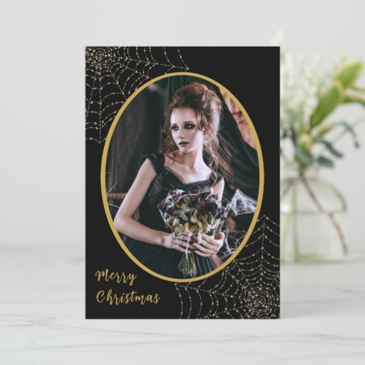 Gothic Glitter Spider Web Merry Kerstry 1 Foto Feestdagenkaart (Staand voorkant)