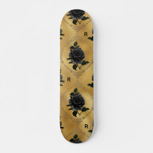 Gothic Gold & Black Roos Flower Monogram Initiaal Persoonlijk Skateboard