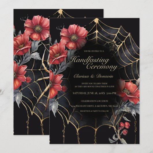 Gothic Gold & Red Spider Bloemen Web Handfasting Kaart (Voorkant / Achterkant)
