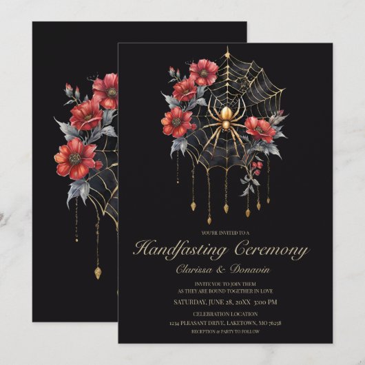 Gothic Gold & Red Spider Floral Web Handfasting Kaart (Voorkant / Achterkant)