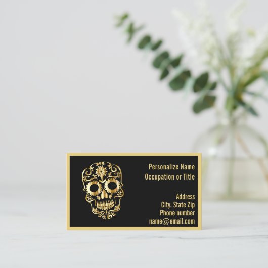 Gothic Gold Skeleton Skull on Black  Visitekaartje (Staand voorkant)