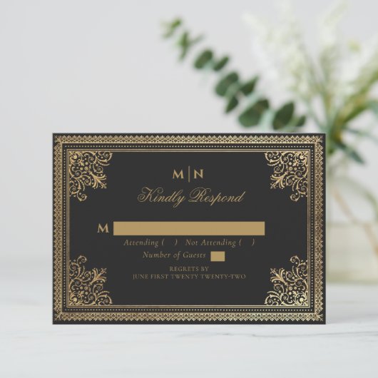  Gothic Gold Victoriaans Wedding RSVP Informatiekaartje (Staand voorkant)