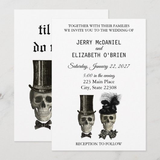Gothic Gothic Bride Groom Skulls Wedding Invitatio Kaart (Voorkant / Achterkant)