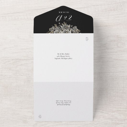 Gothic gouden boog zwart Rozen bloemenbruiloft All In One Uitnodiging (Buitenkant)