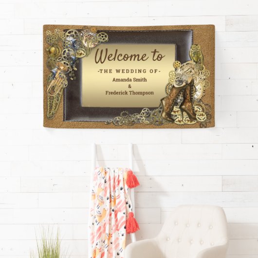 Gothic - Gouden Steampunk sculpturen op Suede Spandoek (Insitu)