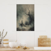 Gothic Grave Under Foggy Trees Dark Halloween Poster (Keuken)