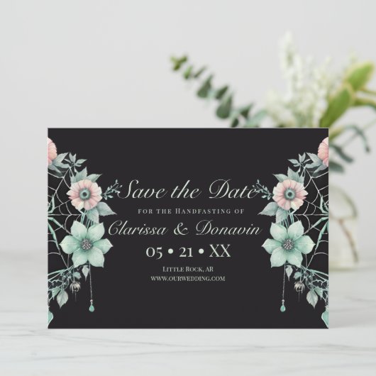 Gothic Green Mint Bloemen Spider Web Handfasting Save The Date (Staand voorkant)