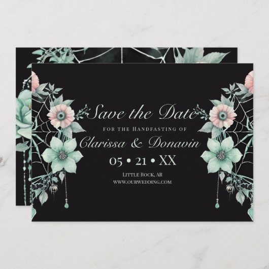 Gothic Green Mint Bloemen Spider Web Handfasting Save The Date (Voorkant / Achterkant)