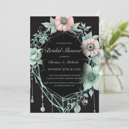 Gothic Green Mint Floral Spider Web Vrijgezellenfe Kaart (Staand voorkant)