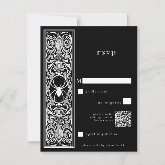 Gothic Griezelen Spin Zwart Wit Bruiloft QR Code RSVP Kaartje (Voorkant)