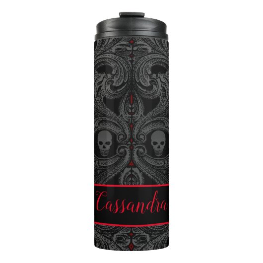 Gothic Grijs Ornament met schedel Aangepast Thermosbeker (Voorkant)