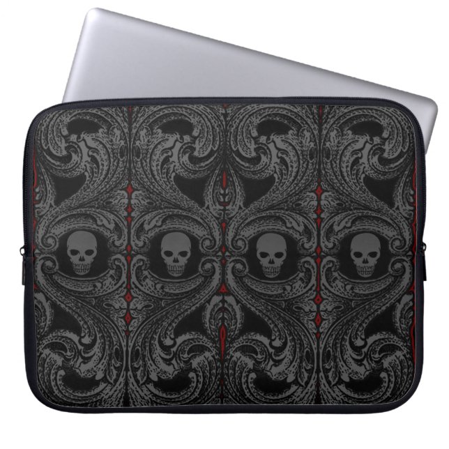 Gothic Grijze Ornament met schedel Laptop Sleeve (Voorkant)