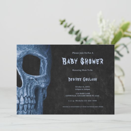 Gothic Half Skull Black Baby Boy Shower Invitation Kaart (Staand voorkant)