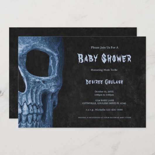 Gothic Half Skull Black Baby Boy Shower Invitation Kaart (Voorkant / Achterkant)